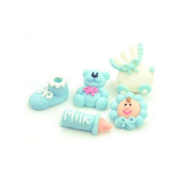 Zuckerdekoration, Zuckerfiguren Baby blau, 5er Set - Kuchenwunder-Shop